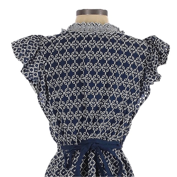Express Printed Lace Trim Eyelet Navy Blue Belted Faux Wrap Dress Size S - Picture 4 of 11